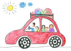 Child's drawing happy family on the holiday car trip